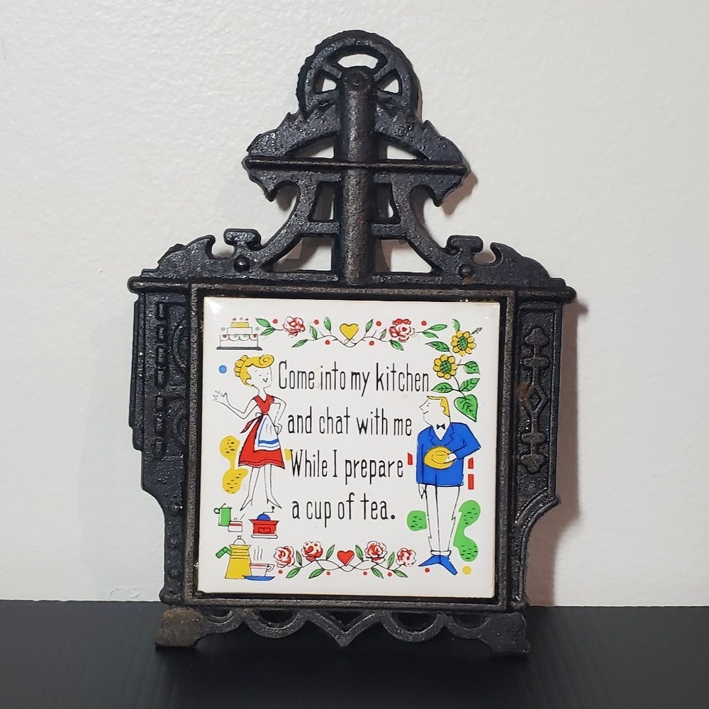 Vintage 1960s Cast Iron & Ceramic Tile Trivet‎ Wall Hanging Kitchen Poem Japan